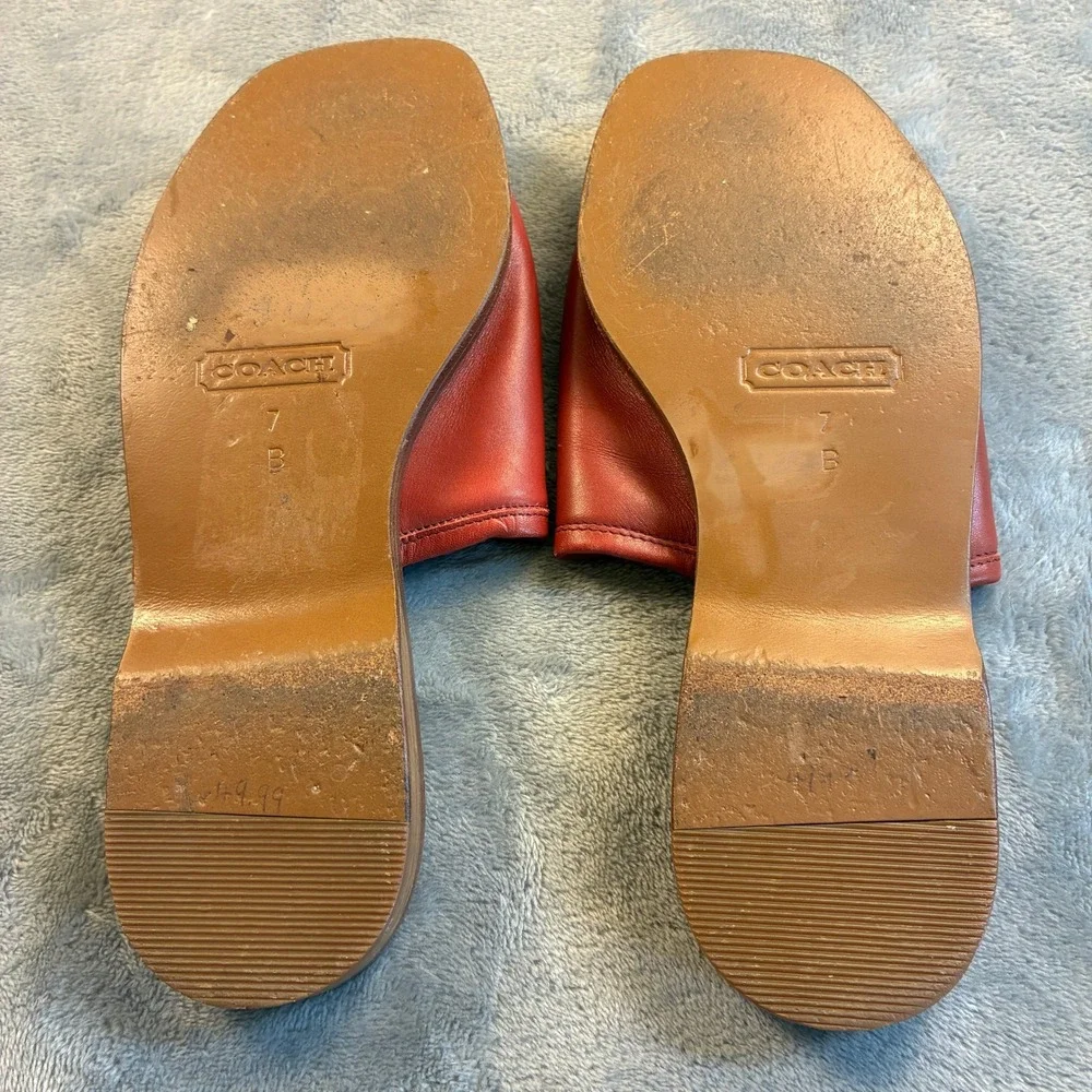 Coach Red Leather Slide Sandals Made in Italy Square Toe Flat Mules Women's 7B